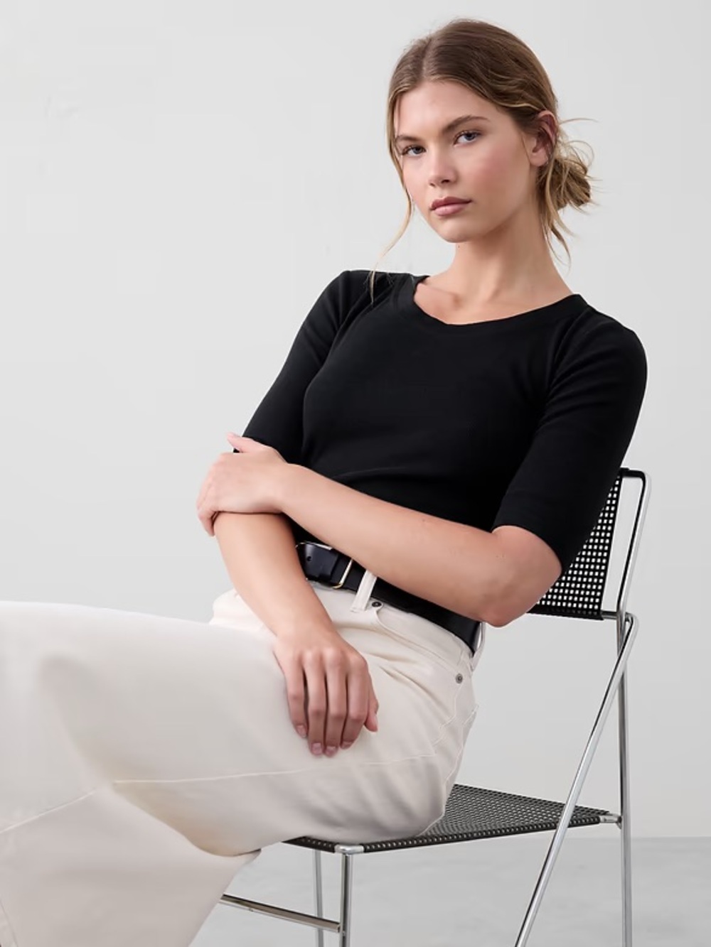 Banana Republic Ribbed Elbow-Sleeve T-shirt - Black, size XL